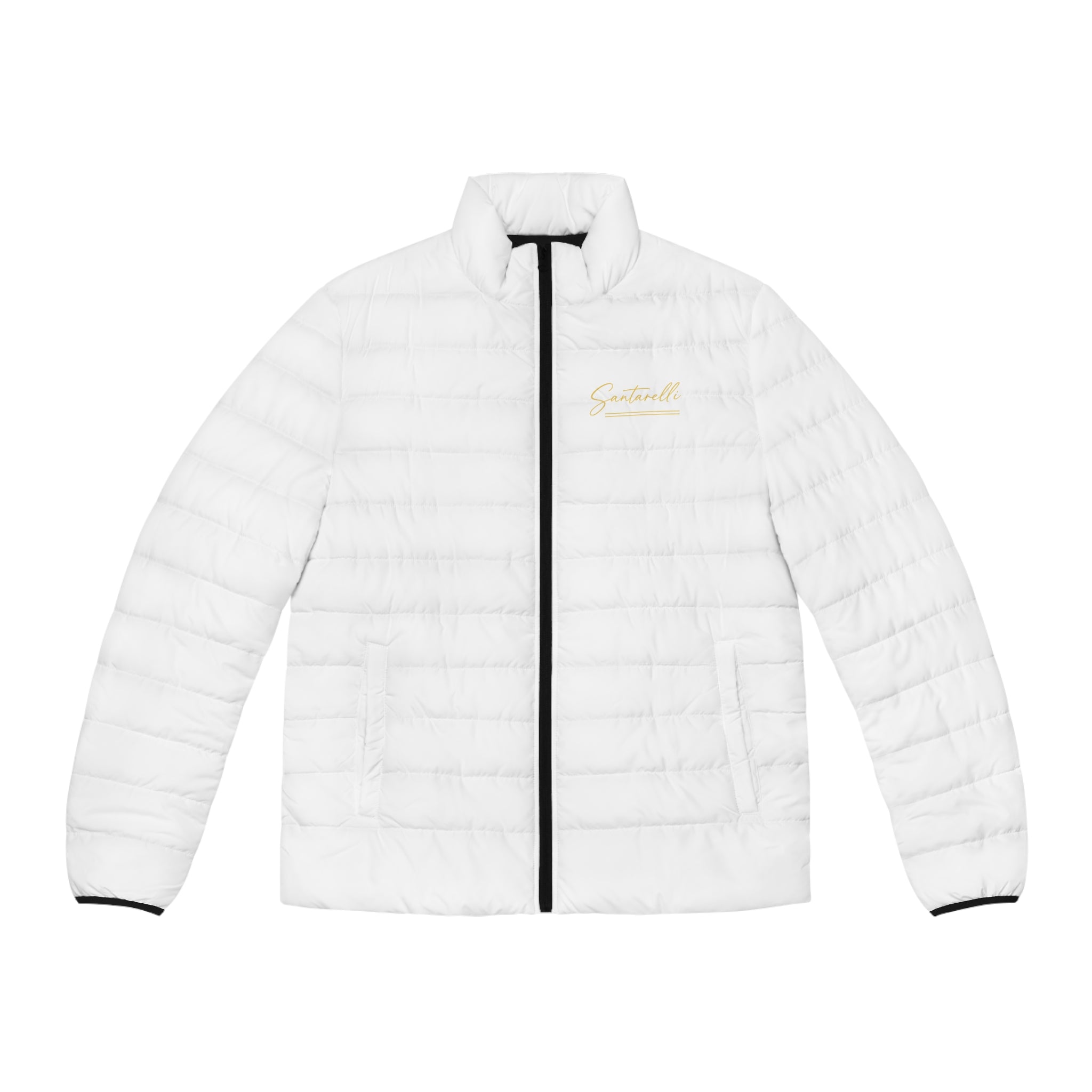 White Puffer Jacket — Minimal Gold 'Scotland' Chest Logo, Lightweight Men's Winter Coat
