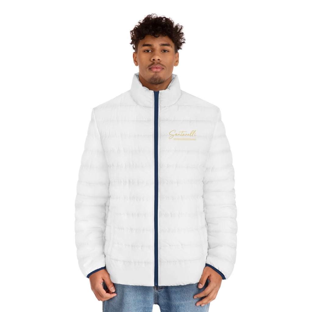 White Puffer Jacket — Minimal Gold 'Scotland' Chest Logo, Lightweight Men's Winter Coat