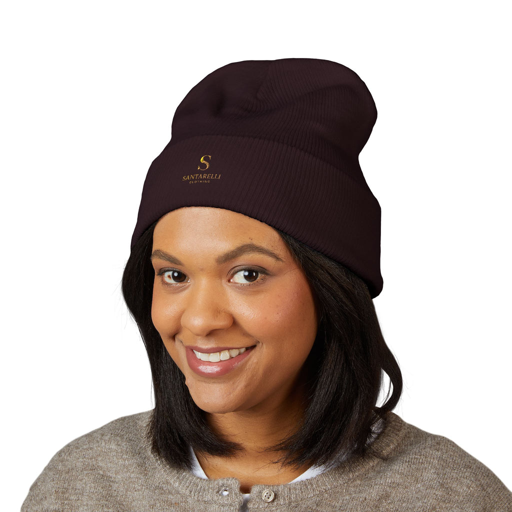 Embroidered Classic Cuffed Beanie — Minimal Gold Logo Knit Hat