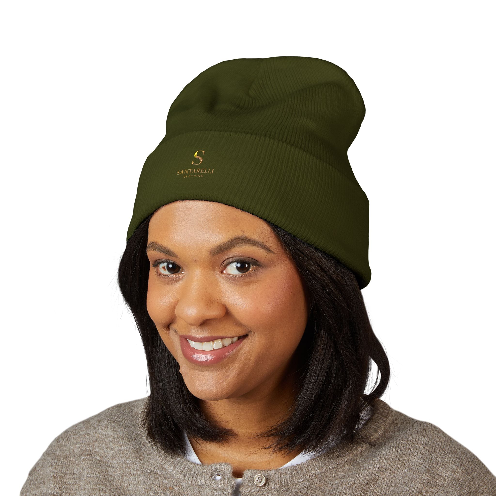 Embroidered Classic Cuffed Beanie — Minimal Gold Logo Knit Hat