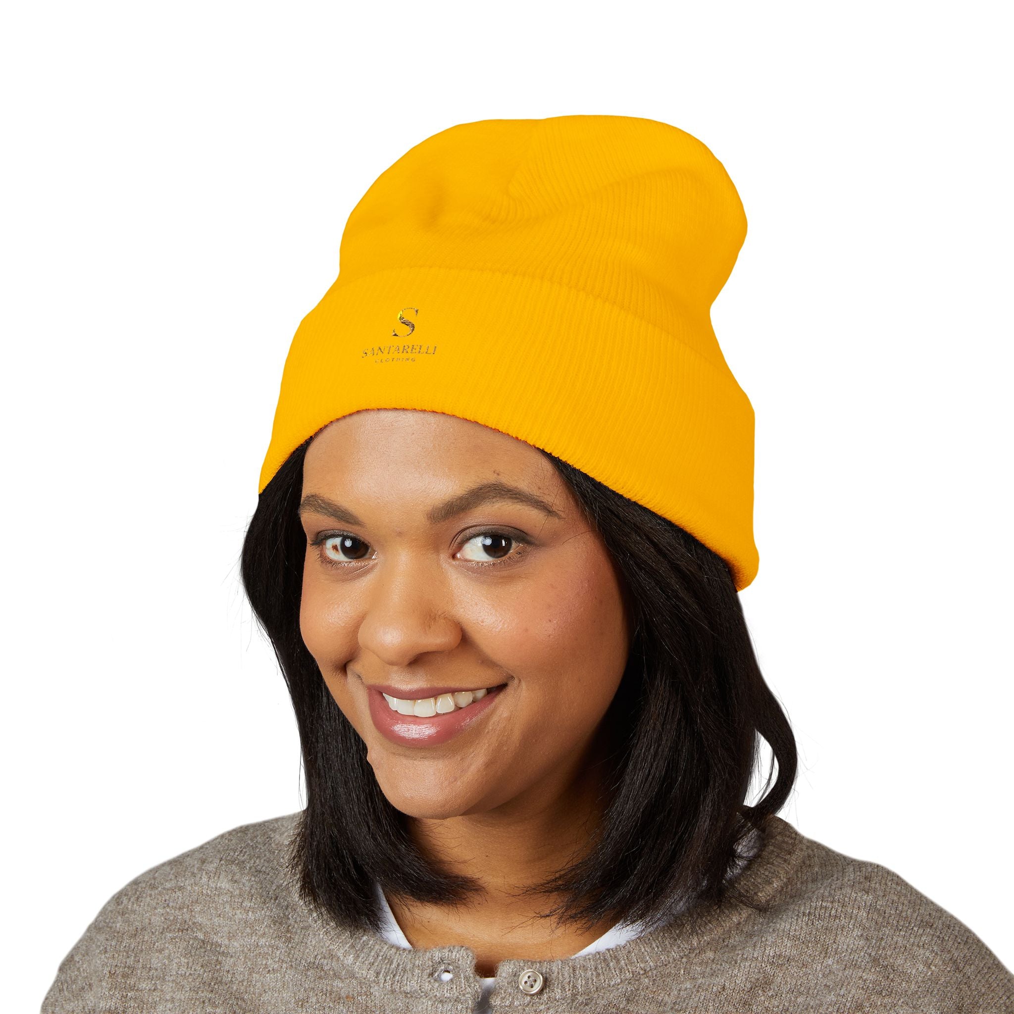 Embroidered Classic Cuffed Beanie — Minimal Gold Logo Knit Hat