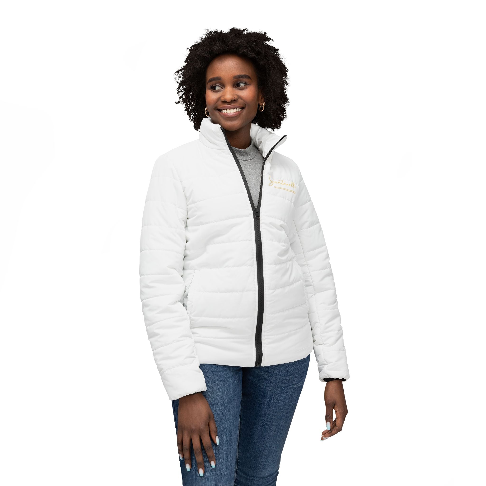 Women’s Puffer Jacket — Minimal White Quilted Coat with Subtle Chest Logo