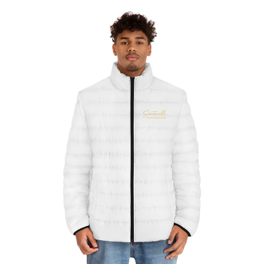 White Puffer Jacket — Minimal Gold 'Scotland' Chest Logo, Lightweight Men's Winter Coat