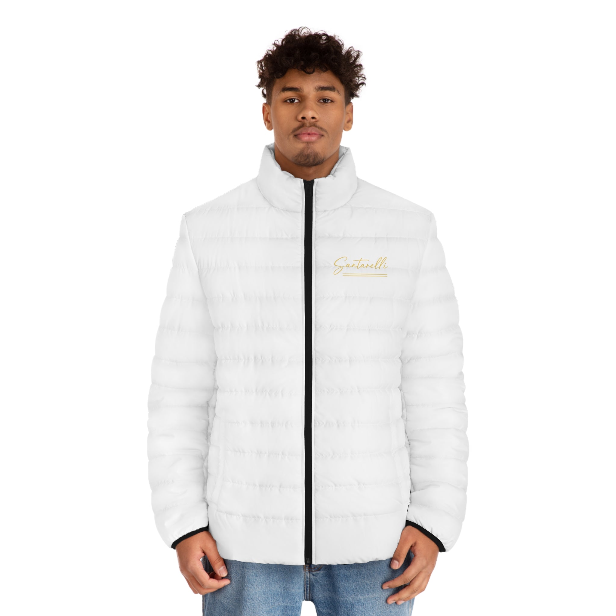 White Puffer Jacket — Minimal Gold 'Scotland' Chest Logo, Lightweight Men's Winter Coat