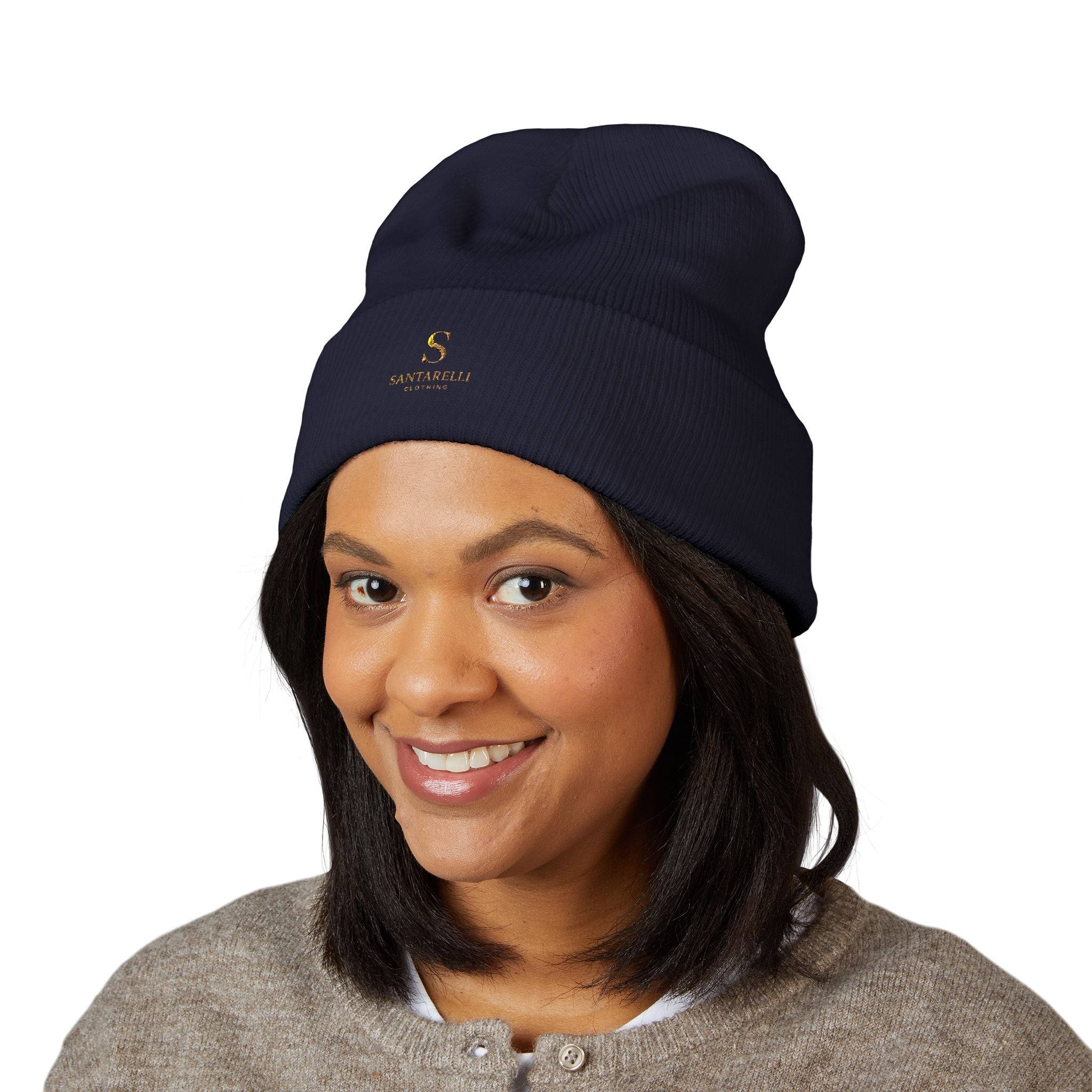 Embroidered Classic Cuffed Beanie — Minimal Gold Logo Knit Hat