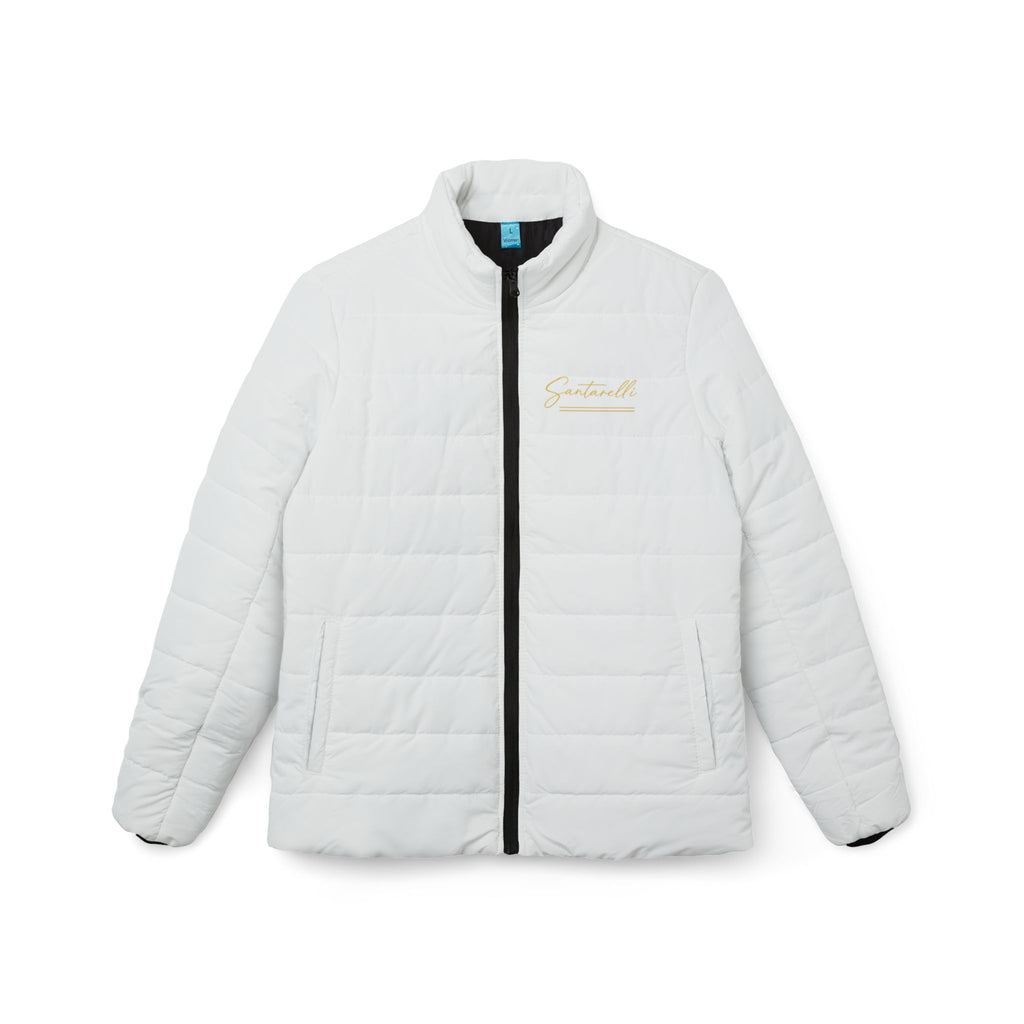 Women’s Puffer Jacket — Minimal White Quilted Coat with Subtle Chest Logo