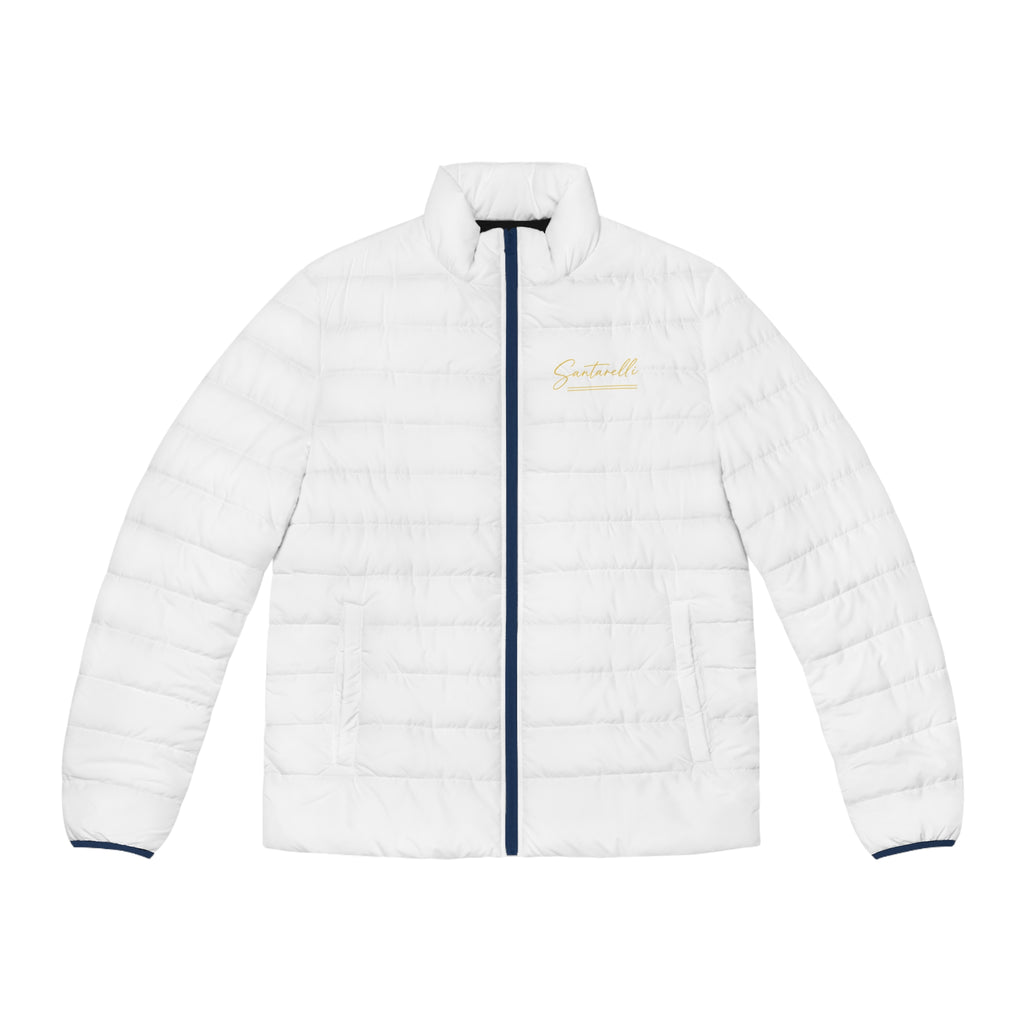 White Puffer Jacket — Minimal Gold 'Scotland' Chest Logo, Lightweight Men's Winter Coat