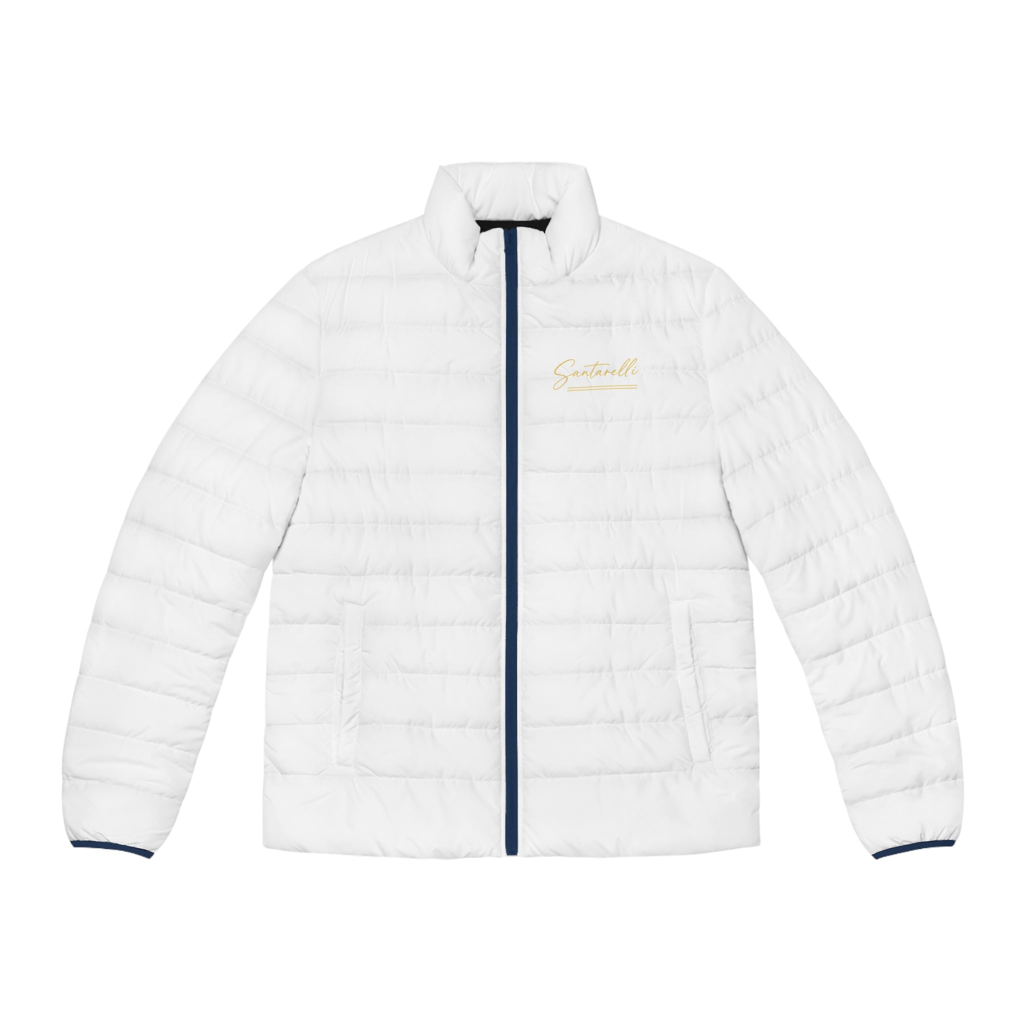 White Puffer Jacket — Minimal Gold 'Scotland' Chest Logo, Lightweight Men's Winter Coat